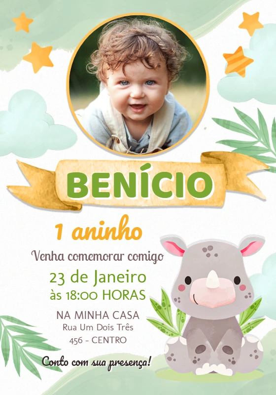 Convite Aniversário Rinoceronte Baby com Foto para Editar