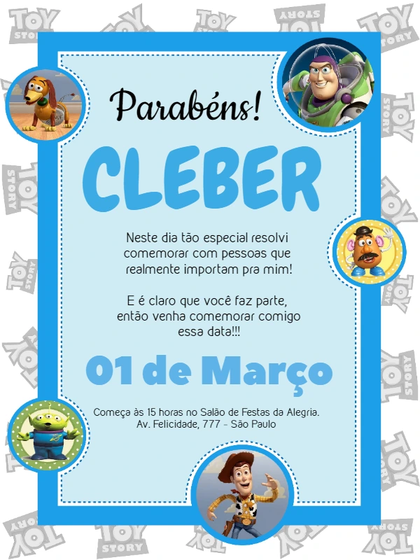 Convite de Aniversário Toy Story com Foto para Editar Online