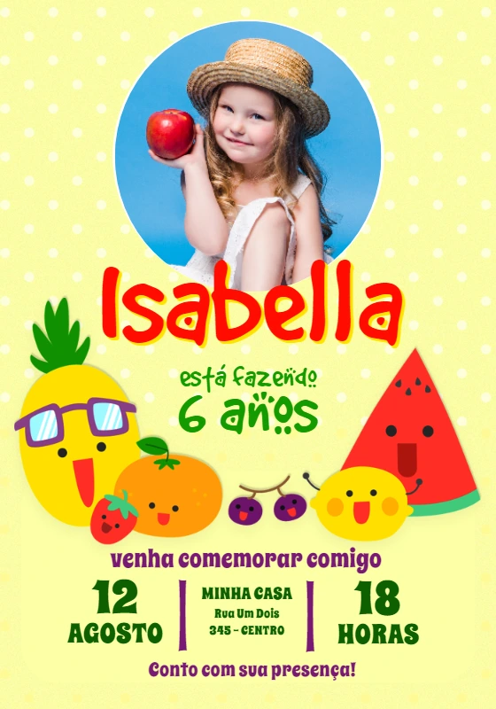 Convite Aniversário Frutinhas com Foto para Editar Online