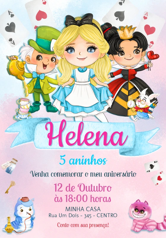 Convite Aniversário Alice no País das Maravilhas para Editar