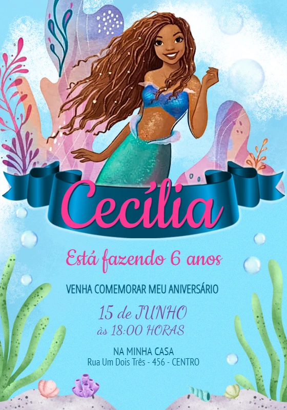 Convite Aniversário Sereia Negra para Editar Online