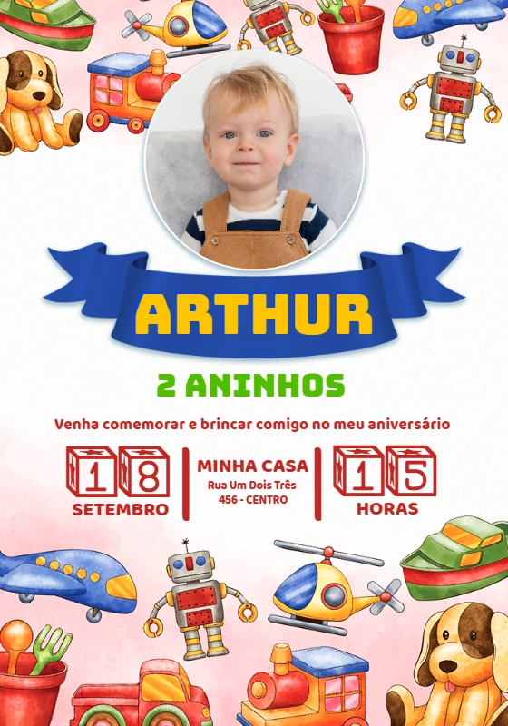 Convite Aniversário Brinquedos com Foto para Editar Online