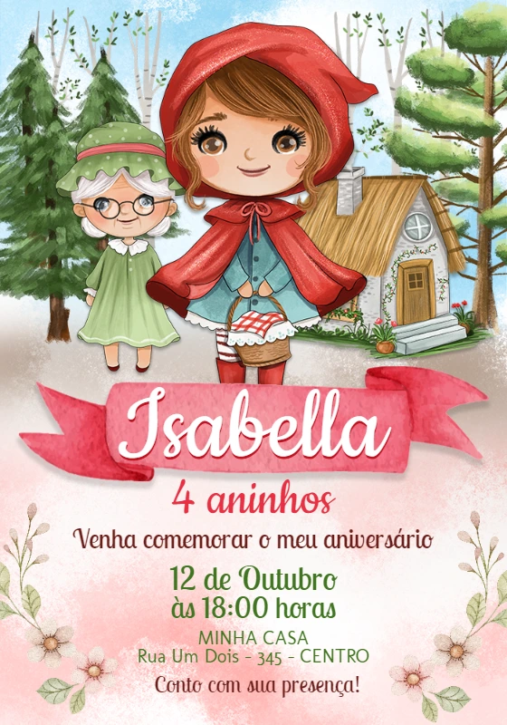 Convite Aniversário Chapeuzinho Vermelho Aquarela para Editar