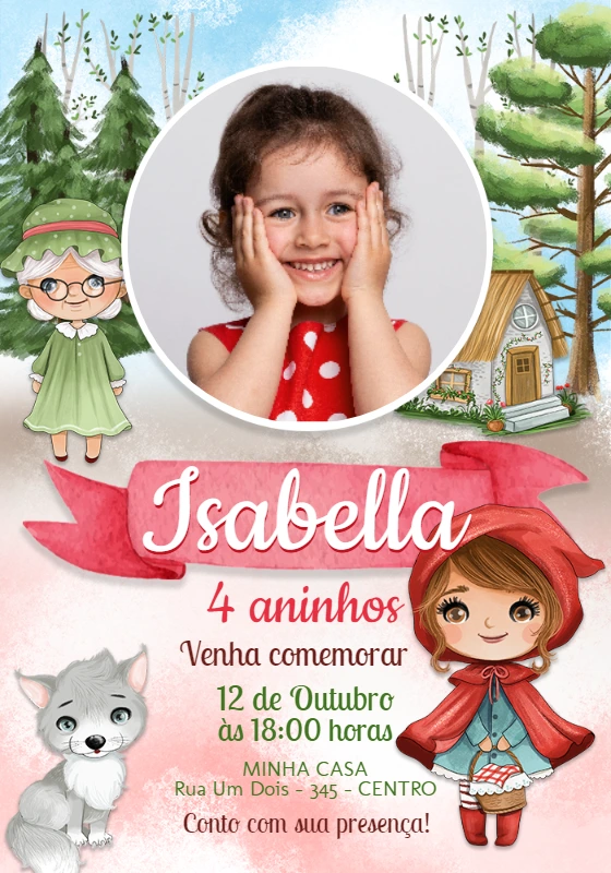 Convite Aniversário Chapeuzinho Vermelho com Foto para Editar