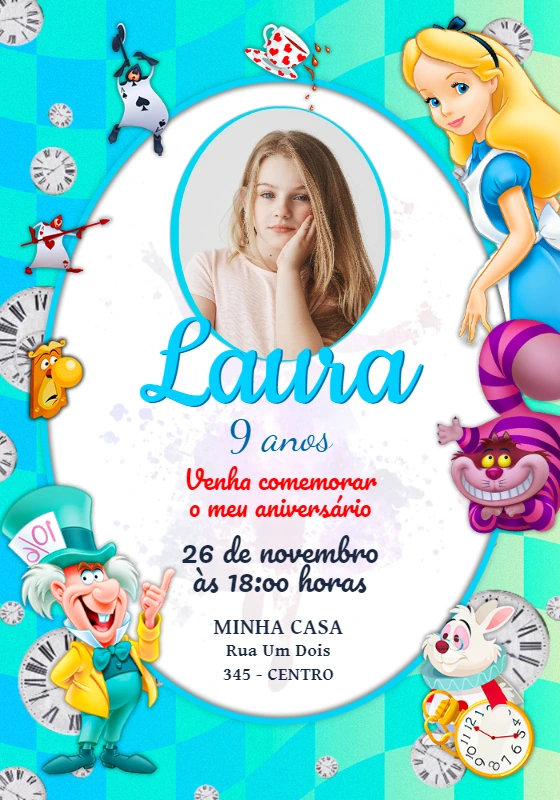 Convite Aniversário Alice no País das Maravilhas com Foto para Editar