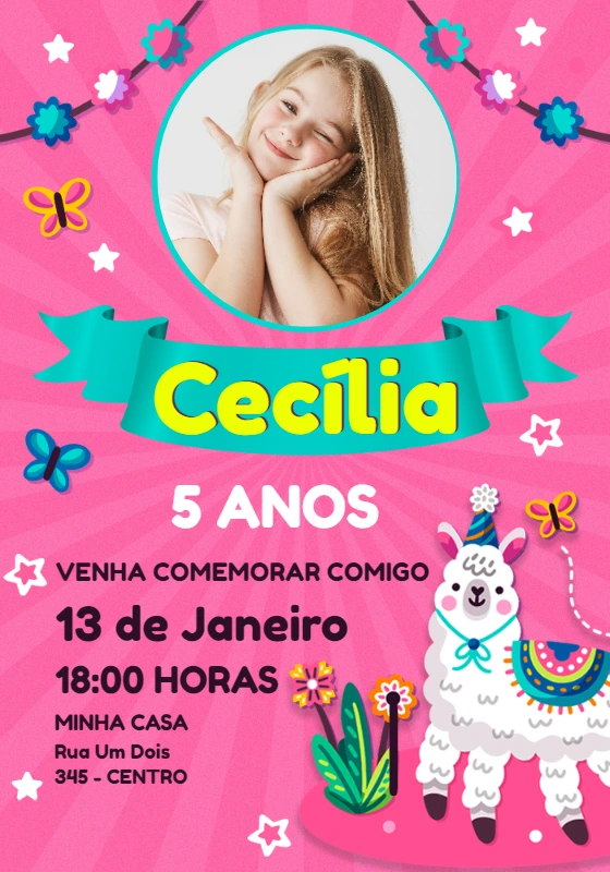 Convite de Aniversário Lhama com Foto para Editar Online