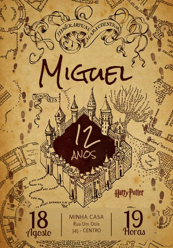 Convite Aniversário Harry Potter Mapa do Maroto para Editar