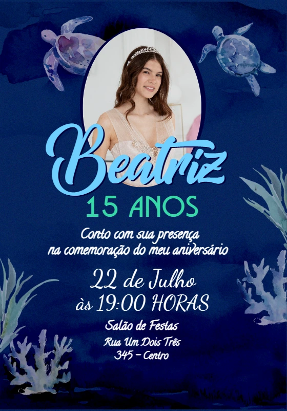 Convite de 15 Anos Fundo do Mar com Foto para Editar Online