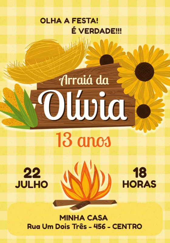 Convite de Aniversário Festa Junina com Girassol para Editar