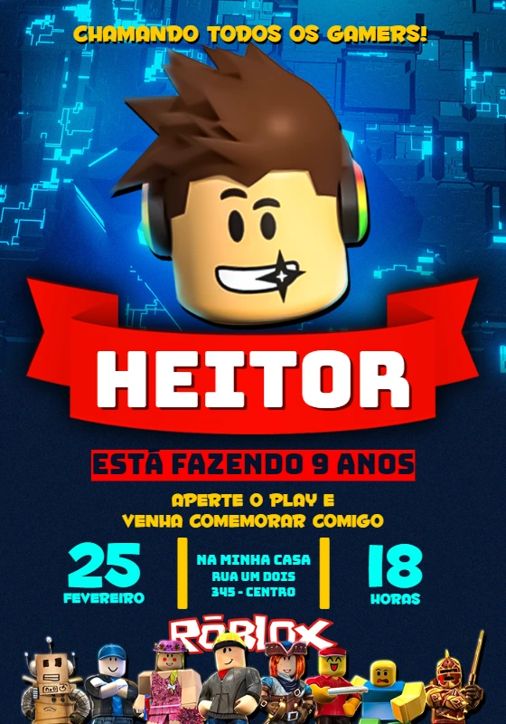 Convite de Aniversário Roblox Gamer com Personagem para Editar