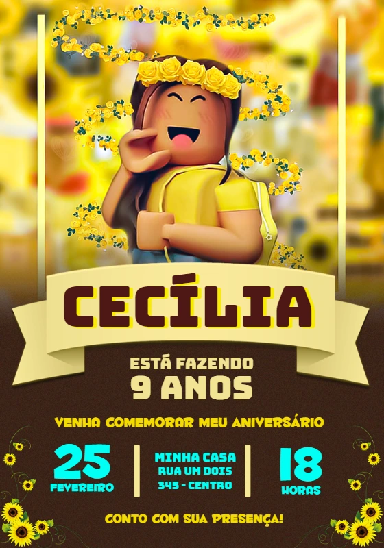 Convite Aniversário Roblox Menina Girassol para Editar Online
