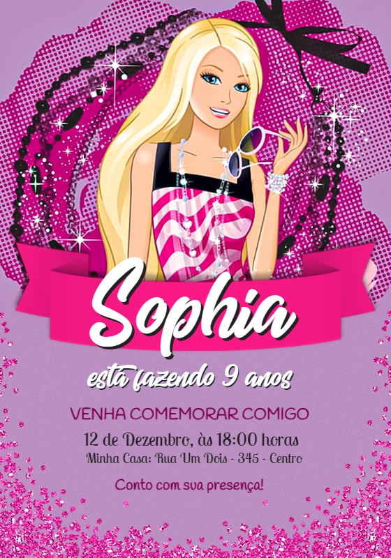Convite de Aniversário Barbie Rosa para Editar Online