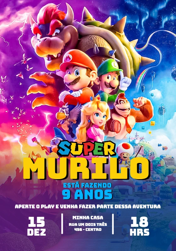 Convite de Aniversário Super Mario Bros Filme para Editar