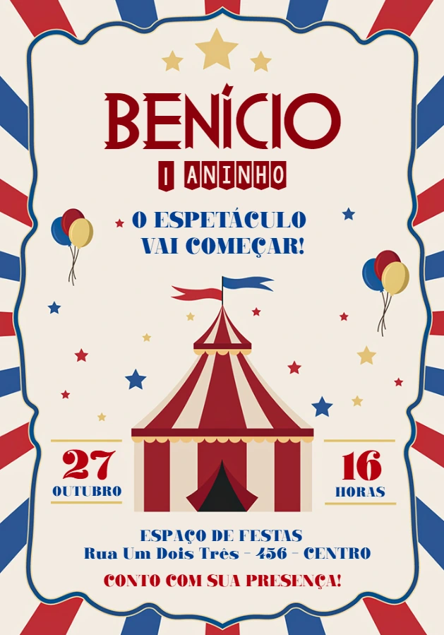 Convite Aniversário Circo Vintage para Editar Online