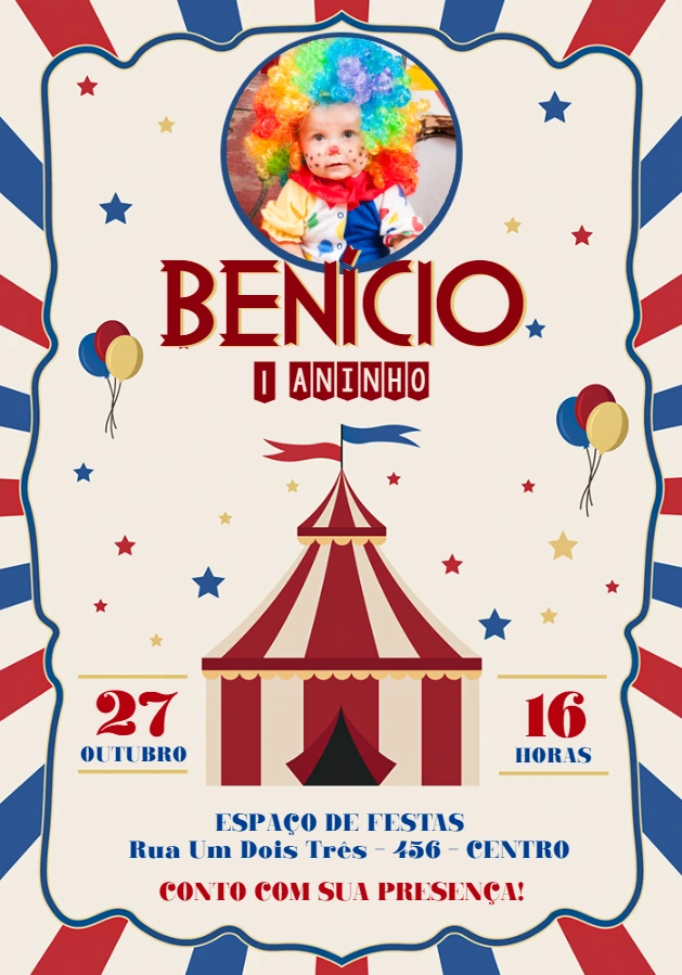 Convite Aniversário Circo Vintage com Foto para Editar Online