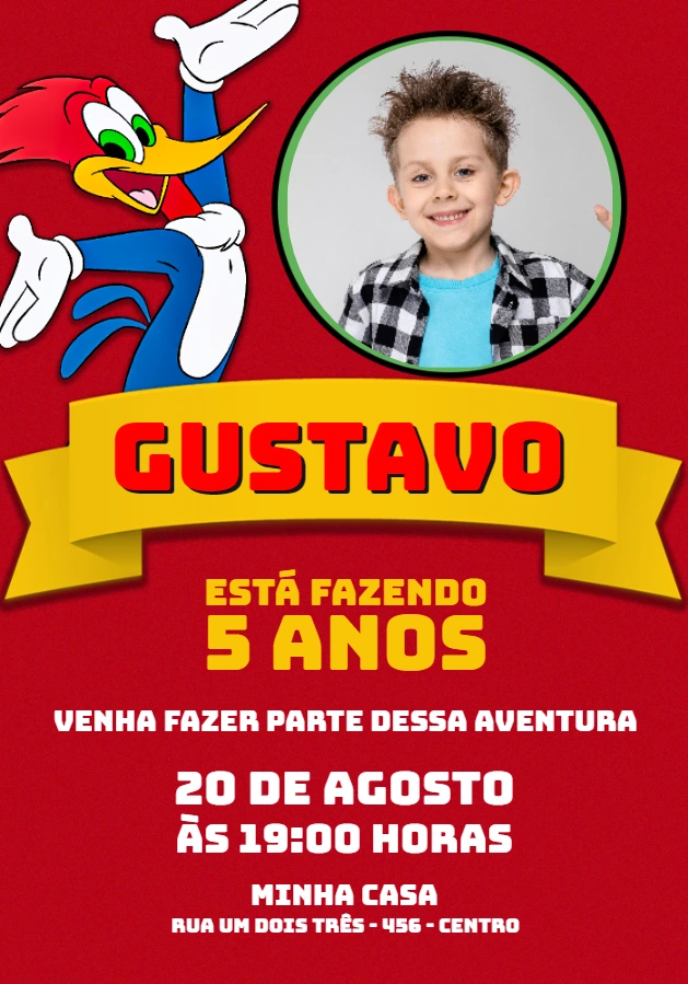 Convite Aniversário Pica Pau com Foto para Editar Online