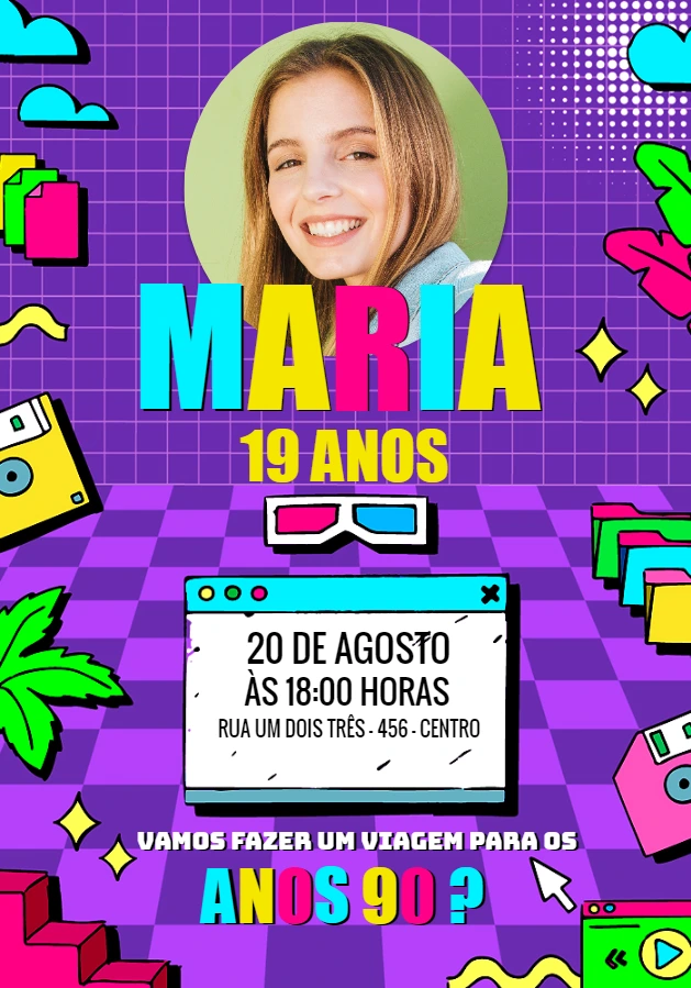 Convite Aniversário Anos 90 Retrô com Foto para Editar