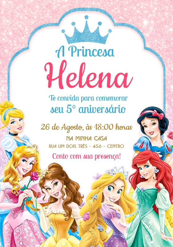 Convite Aniversário Princesas Disney Glitter para Editar Online