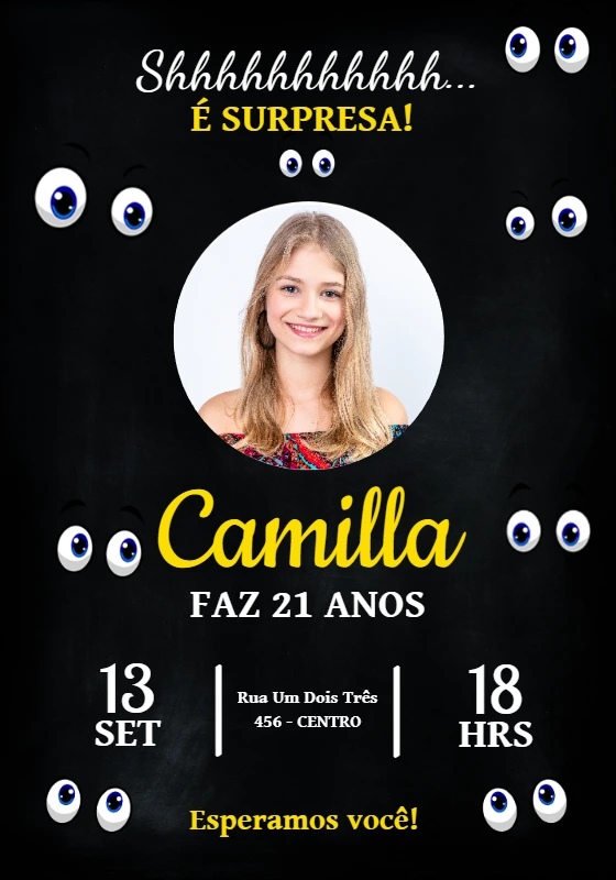 Convite Aniversário Surpresa com Foto para Editar Online