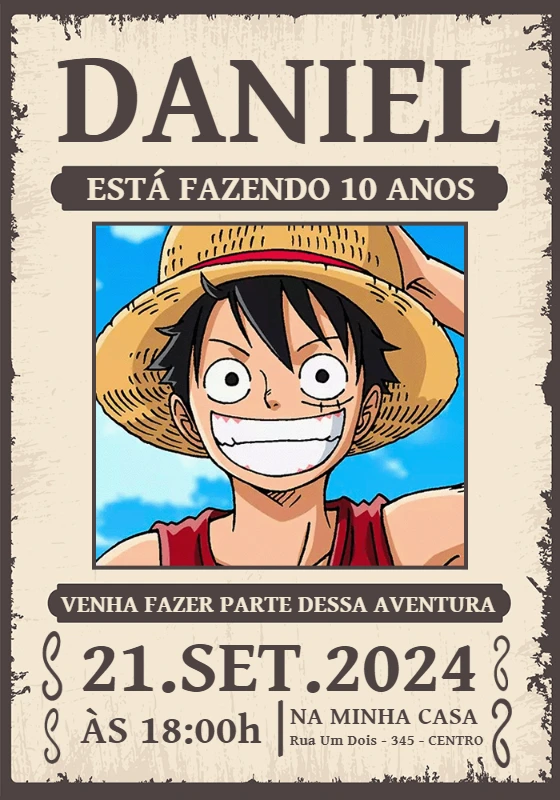 Convite de Aniversário One Piece Wanted para Editar Online