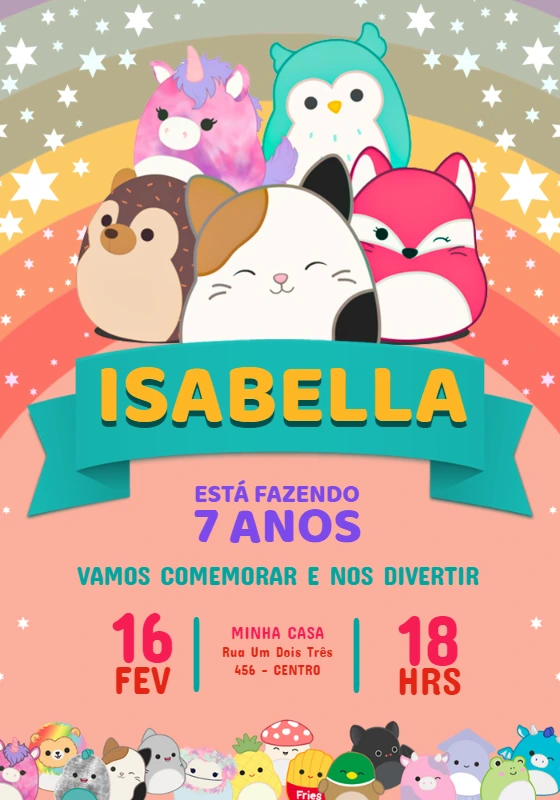 Convite de Aniversário Squishmallows para Editar Online
