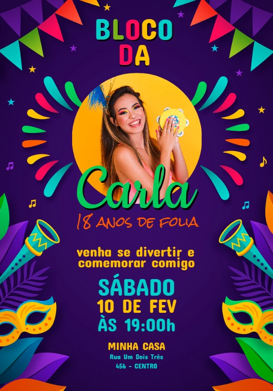 Convite Aniversário Bloco de Carnaval com Foto para Editar