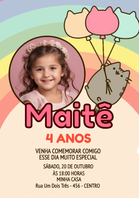 Convite Aniversário Pusheen com Foto para Editar Online