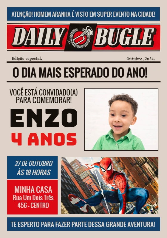 Convite Aniversário Homem Aranha Jornal com Foto para Editar