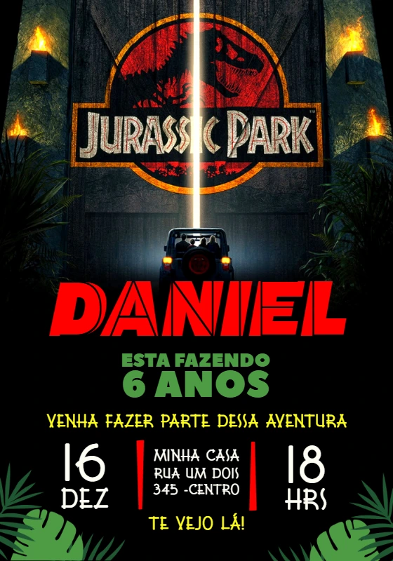 Convite de Aniversário Jurassic Park Editável com Dinossauros