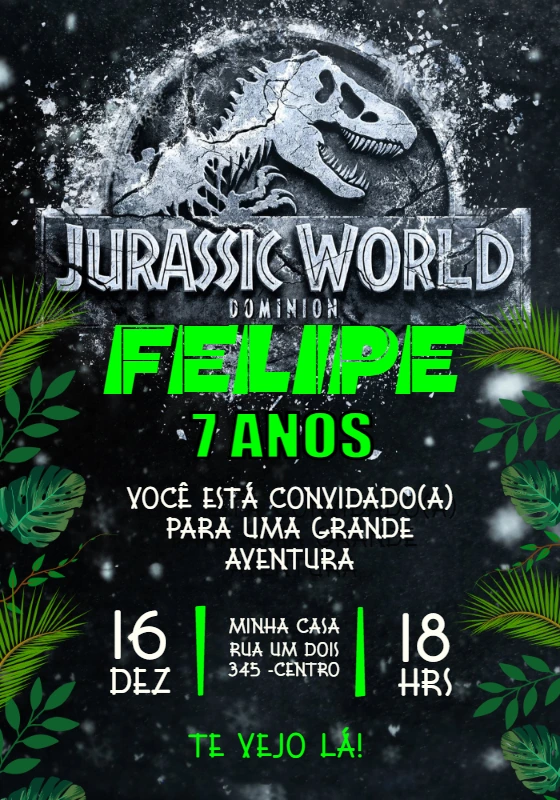 Convite de Aniversário Jurassic World Dominion para Editar