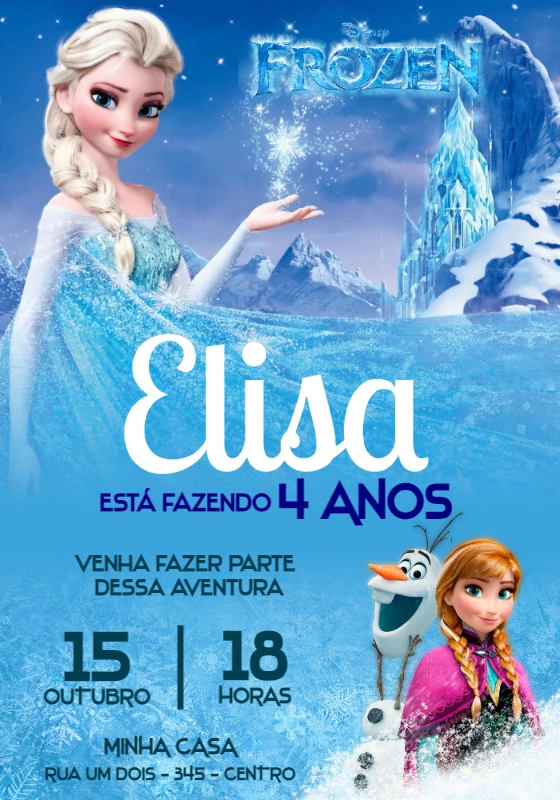 Convite Aniversário Frozen com Elsa e Anna para Editar Online