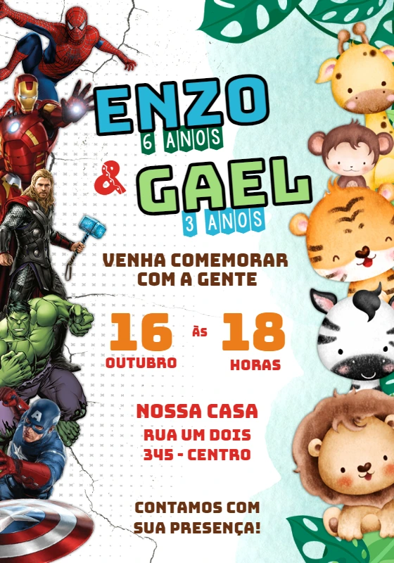 Convite Aniversário Duplo Vingadores e Safari para Editar