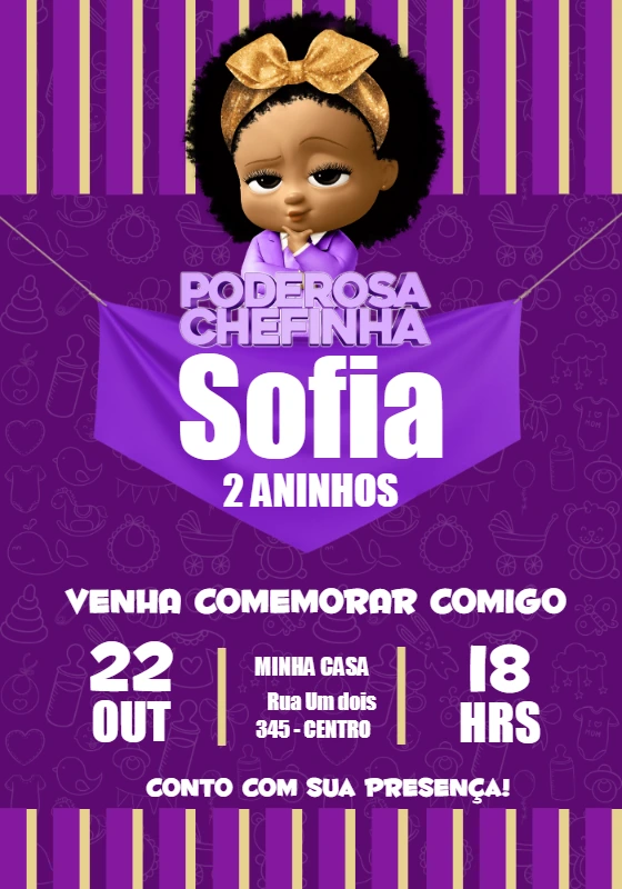 Convite Aniversário Poderosa Chefinha Morena para Editar Online