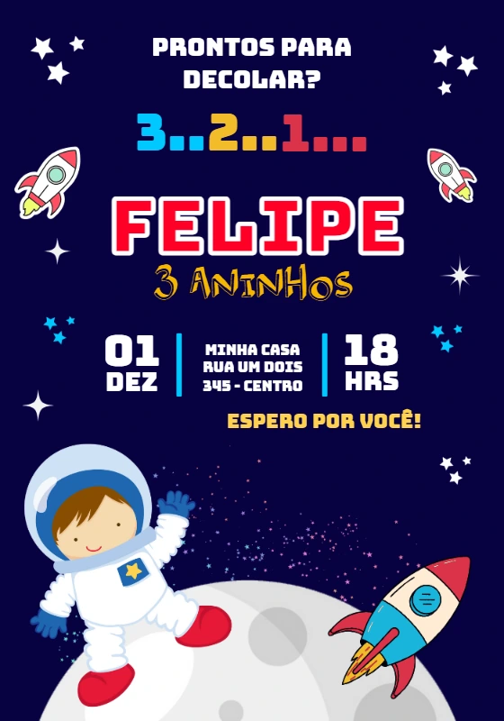 Convite de Aniversário Astronauta para Editar Online
