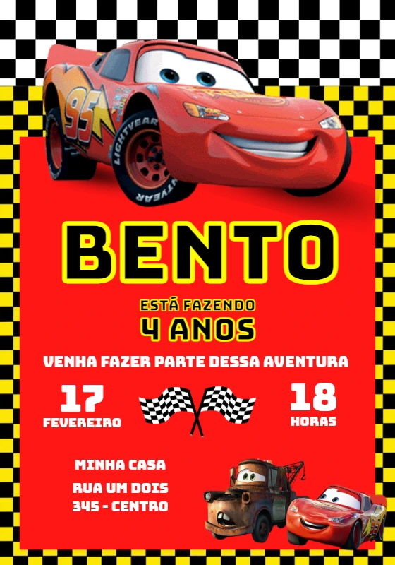 Convite de Aniversário Carros Relâmpago McQueen para Editar