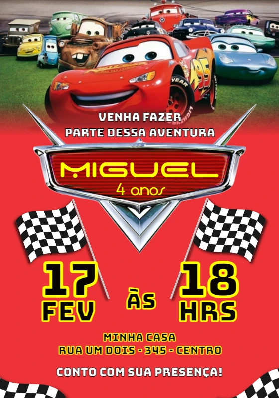 Convite Aniversário Carros Relâmpago McQueen para Editar Online