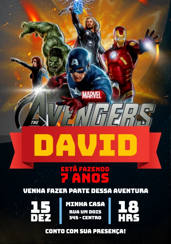 Convite de Aniversário Vingadores com Heróis para Editar Online