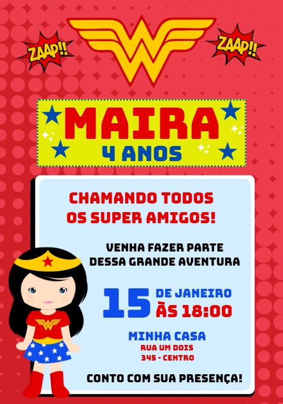 Convite de Aniversário Mulher Maravilha para Editar Online