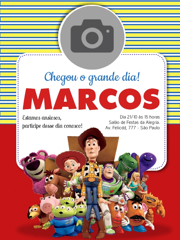 Convite Aniversário Toy Story com Foto para Editar Online