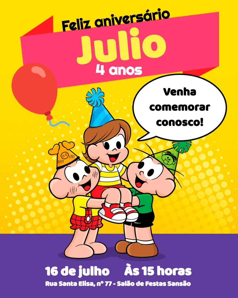 Convite de Aniversário Turma da Mônica para Editar Online