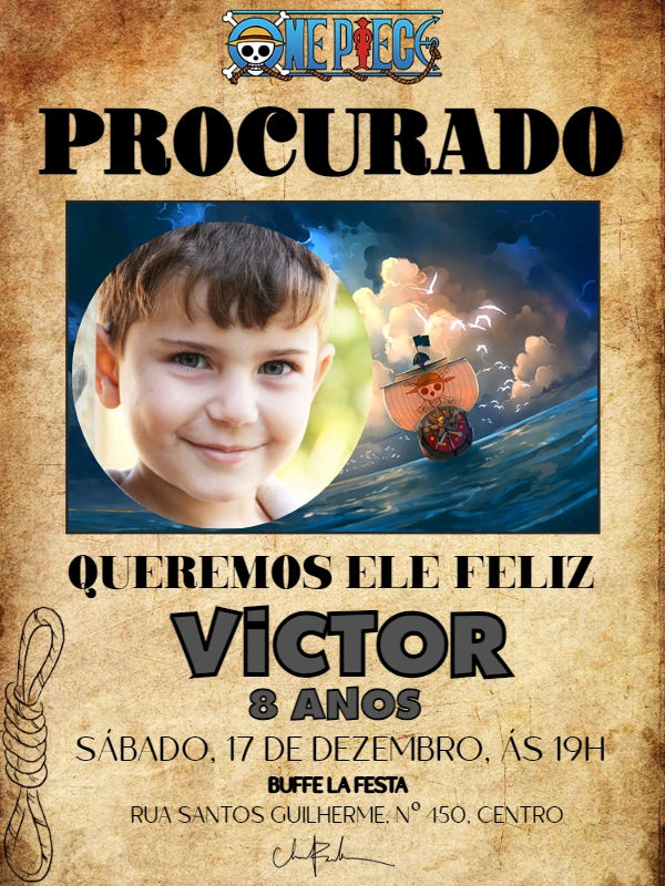 Convite Aniversário One Piece Procurado com Foto para Editar
