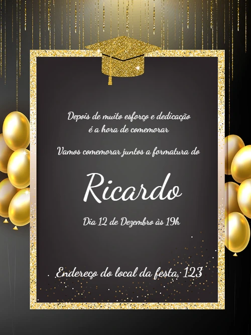 Convite de Formatura Dourado com Glitter para Editar Online