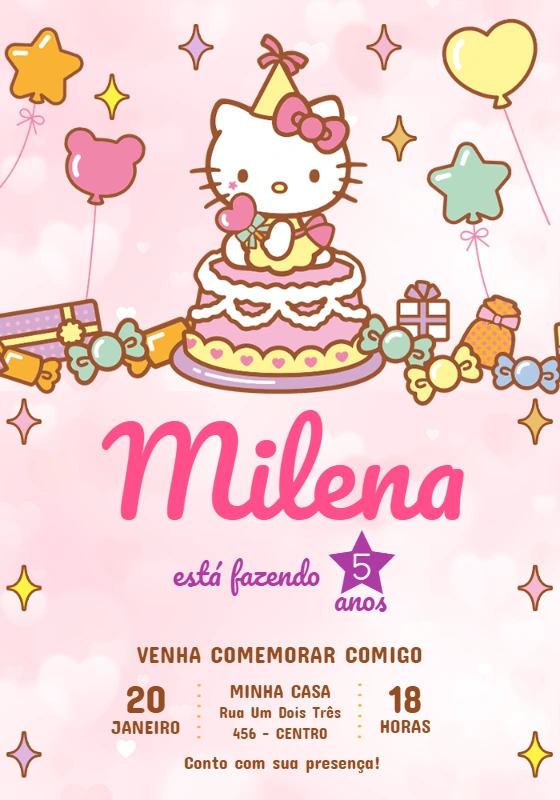Convite Aniversário Hello Kitty Rosa para Editar Online