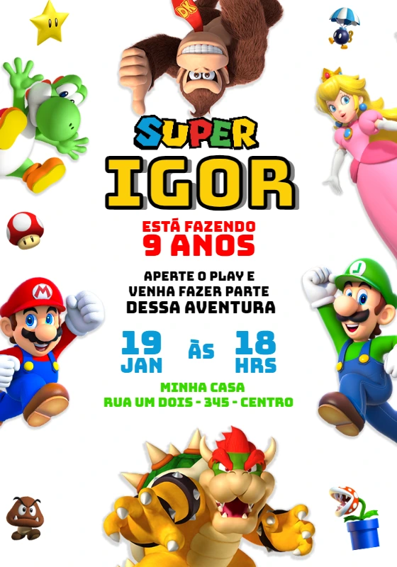 Convite de Aniversário Super Mario com Personagens para Editar