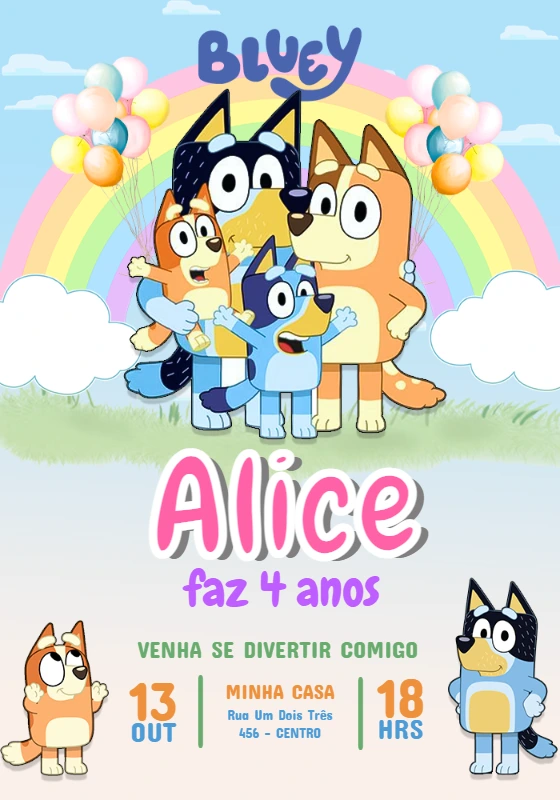 Convite de Aniversário Bluey e Bingo Rosa para Editar Online