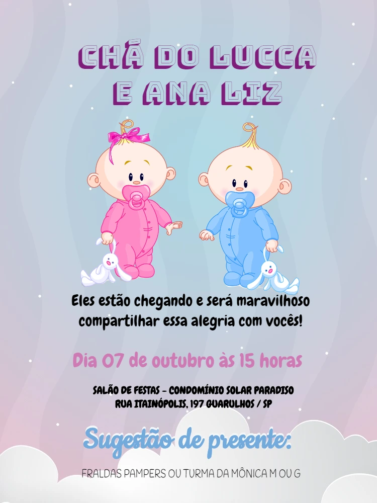 Convite Chá de Bebê Gêmeos Menino e Menina para Editar Online