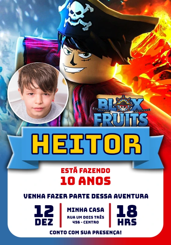 Convite Aniversário Blox Fruits com Foto para Editar Online
