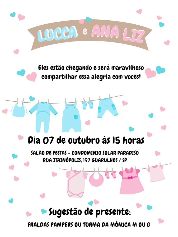 Convite Chá de Bebê Gêmeos Varal de Roupas para Editar Online