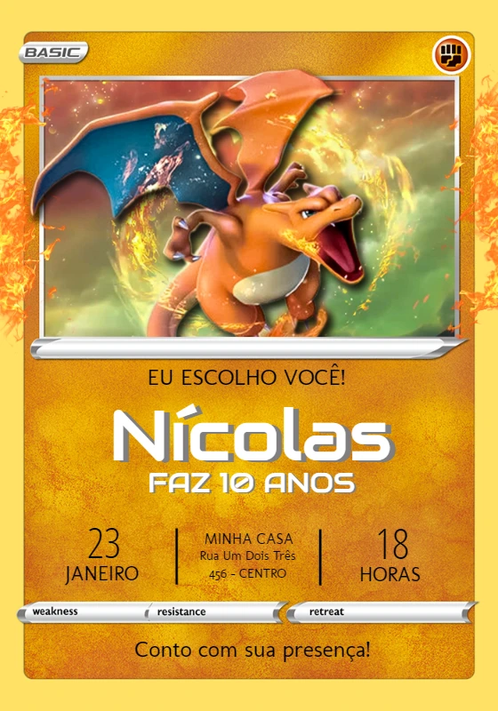 Convite Aniversário Pokémon Carta Charizard para Editar Online