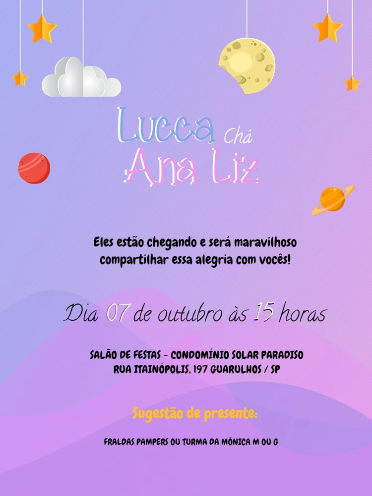 Convite Chá de Bebê Gêmeos Planetas para Editar Online